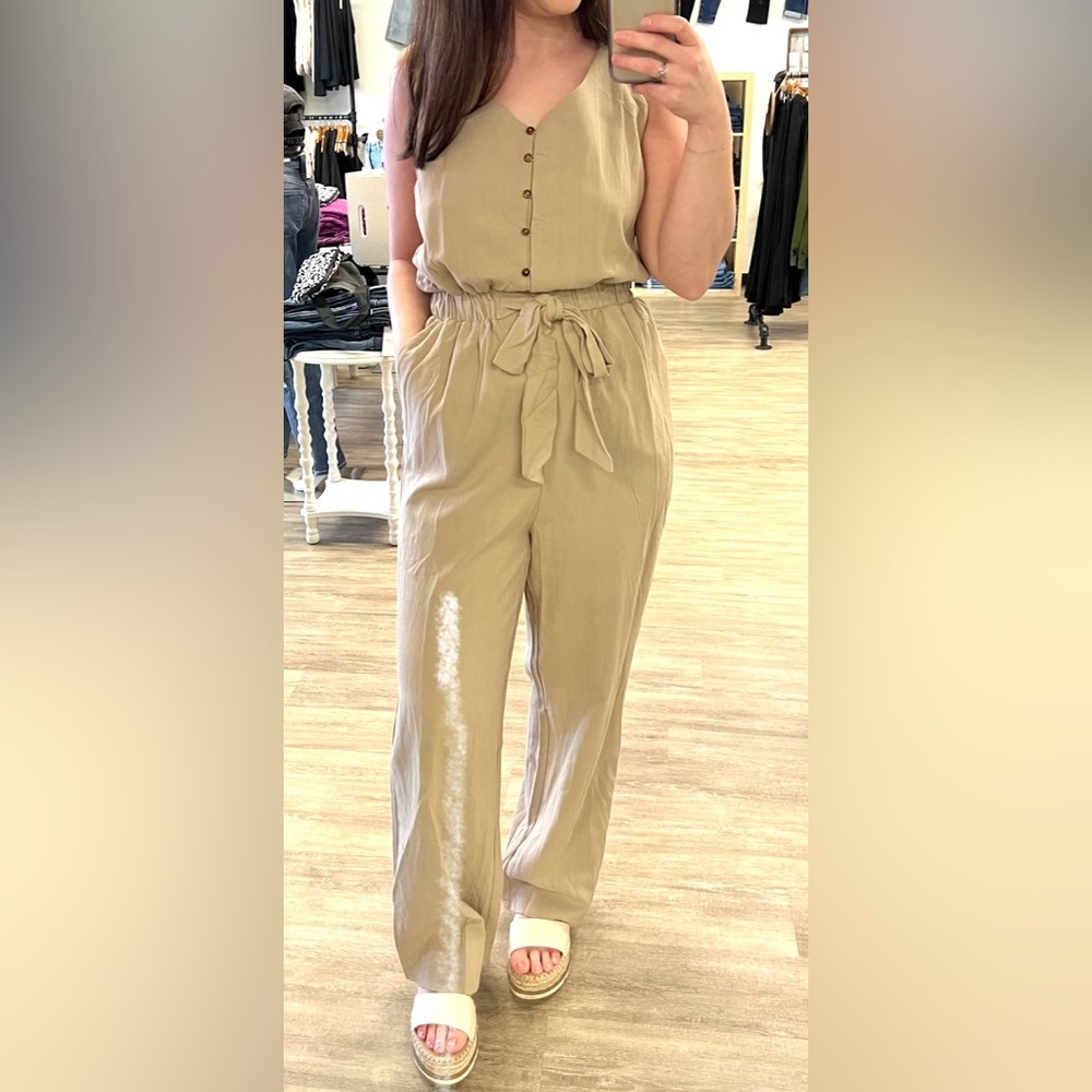 Easel Tan Jumpsuit with Tie-Waist and Relaxed Fit - Picture 2 of 10
